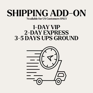 May include: Black and white line art illustration of a delivery truck with a clock face on top. The truck is speeding with a blur effect. The text above the image reads "SHIPPING ADD-ON *Available for US Customers ONLY 1-DAY VIP 2-DAY EXPRESS 3-5 DAYS UPS GROUND"