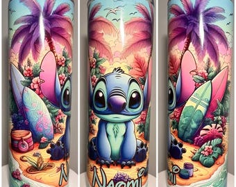 personalised stitch themed 20oz tumbler with slide lock lid, straw and gift box