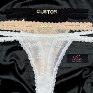 Tanga con nombre personalizado, Tanga con nombre personalizado, Tanga de encaje con nombre personalizado y letra de cristal, Regalo para él