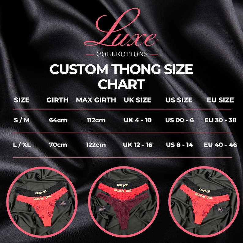 Pode incluir: Uma tabela de tamanhos de tanga personalizada da Luxe Collections num fundo de cetim preto. A tabela lista os tamanhos S/M e L/XL com medidas de contorno em cm, e intervalos de tamanhos UK, US e EU. Tr&ecirc;s inser&ccedil;&otilde;es circulares mostram tangas.