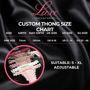 K&ouml;nnte beinhalten: Eine Luxe Collections Gr&ouml;&szlig;entabelle f&uuml;r individuelle Strings auf schwarzem Satinstoff. Die Tabelle zeigt Ma&szlig;e f&uuml;r einen Umfang von 74cm bis 130cm, UK 6-16, US 2-14 und EU 32-46. Ein kreisf&ouml;rmiger Ausschnitt zeigt verschiedene Spitzen-Strings mit Text.