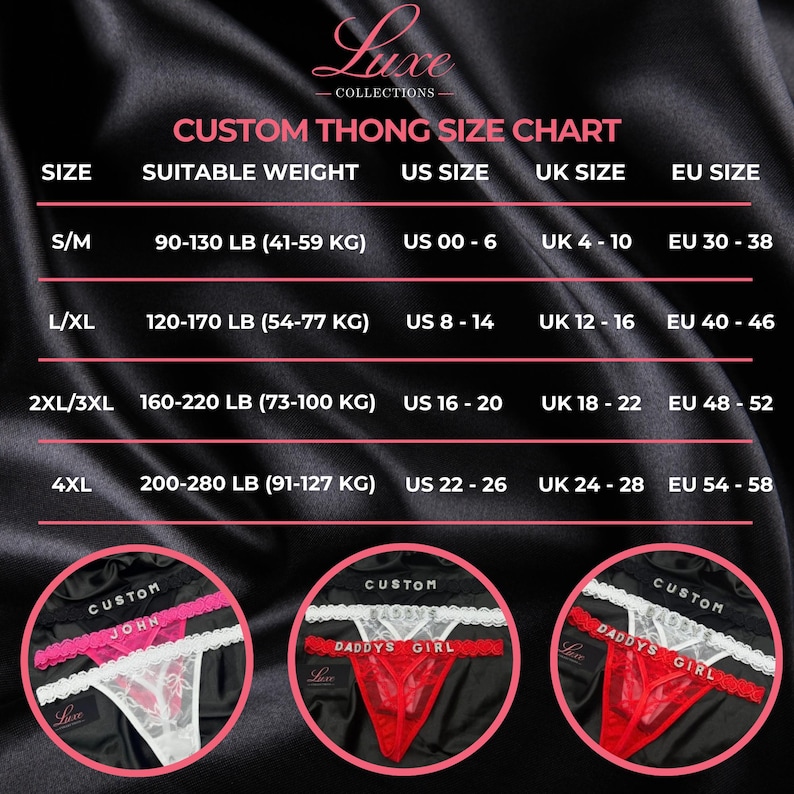Puede incluir: Una tabla de tallas para tangas personalizadas con el texto Luxe Collections, que enumera tallas de S/M a 4XL con pesos de 41-127 kg y tallas de EE. UU., Reino Unido y UE. Tres recuadros circulares muestran tangas con texto personalizado.