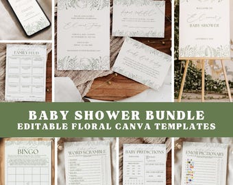 Flower Baby Shower Bundle Floral Baby Shower Invitation Template Canva Garden Tea Party Gender Neutral Baby Shower Game Bundle Editable