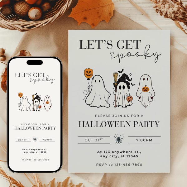 Zaproszenie na imprezę halloweenową Cyfrowy szablon zaproszenia na Halloween do druku Zaproszenie na imprezę z duchami, sztuczka albo psikus, szablon Canva
