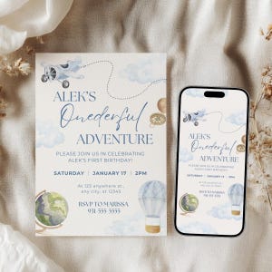 May include: Alek's "Onederful Adventure" birthday invitation featuring a vintage airplane, clouds, and a hot air balloon design. The invitation includes the date, time, and RSVP details. A matching invitation is displayed on a smartphone.
