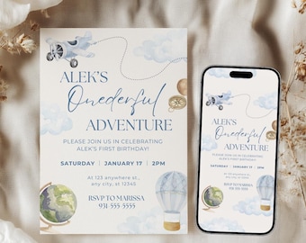 Onederful Adventure Birthday Invitation Template Wonderful World First Birthday Invite Boys 1st Birthday Party Invitation Idea Travel Theme