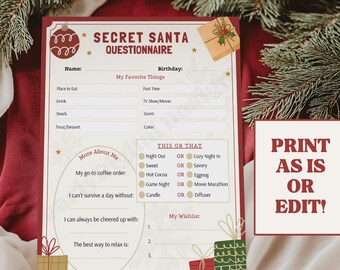 Christmas Secret Santa Questionnaire Printable Christmas Gift Exchange Survey Editable PDF Coworker Favorites