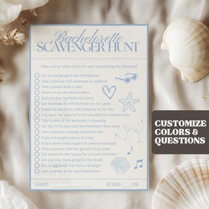 bachelorette scavenger hunt game in light blue. the product is described as a customizeable template