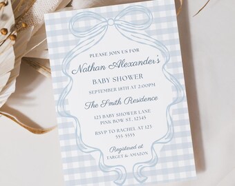 Blue Baby Shower Invitation Gender Neutral Coquette Baby Shower Invitation Template Editable Baby Blue Bow Baby Shower Bundle Gingham Ribbon