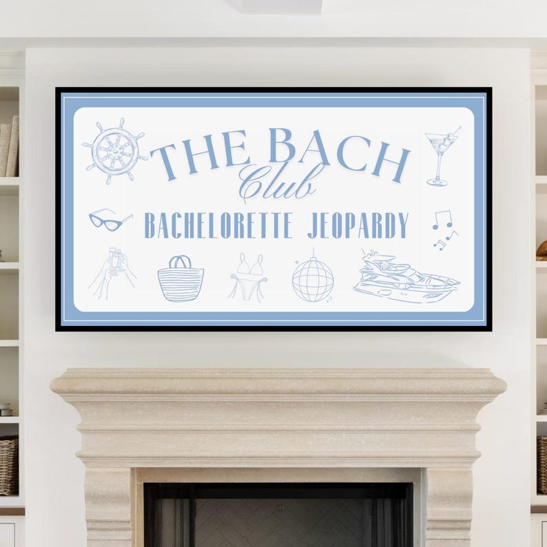 Bach Club Bachelorette Jeopardy game template displayed on a TV screen for fun group play. This customizable bachelorette party game works perfectly for girls trip weekends or bachelorette game nights. The editable trivia-style Jeopardy design is a digital download that bridesmaids can project or stream for an interactive and memorable celebration.