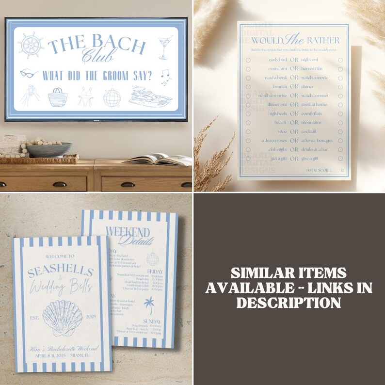 similar items are available in this shop including a what did the groom say game, would she rather bachelorette game, and seashells and wedding bells bachelorette itinerary template. the links to these are made available in this product's description