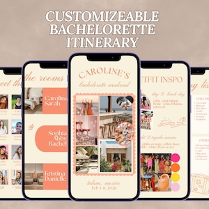 Könnte beinhalten: Mehrere Smartphones zeigen eine anpassbare Junggesellinnenabschieds-Reiseroute. Die Bildschirme zeigen ein Pfirsich- und Weiß-Design mit Fotos, Text und Listen. Die Reiseroute beschreibt Carolines Junggesellinnenabschieds-Wochenende in Tulum, Mexiko, vom 5. bis 8. Februar 2026.