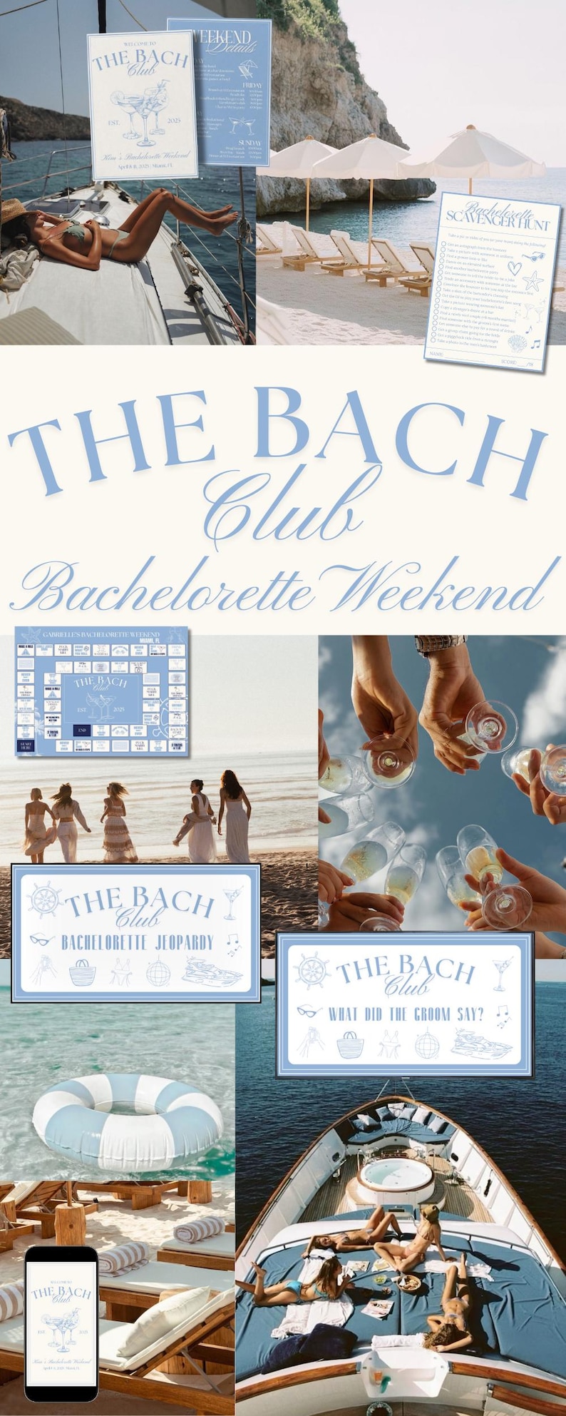 Bach Club bachelorette weekend collage featuring editable and printable party templates, including itinerary designs, scavenger hunt game, What Did the Groom Say? game, and bachelorette jeopardy board. Styled with beach and yacht party photos, champagne toasts, and seaside group shots, this coastal bachelorette theme is perfect for bridesmaids planning a girls trip. Digital downloads can be customized in Canva for a chic and organized celebration.