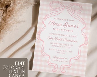 Coquette Baby Shower Invitation Template Editable Blush Pink Coquette Bow Baby Shower Bundle Gingham Ribbon Blue Baby Shower Diaper Raffle