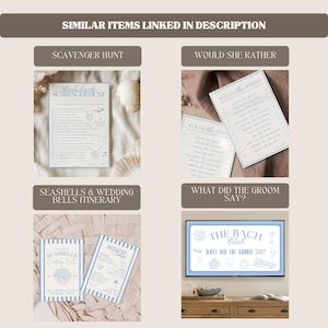 Collage of similar bachelorette party printables available as digital downloads. Featured items include a bachelorette scavenger hunt game with seashell illustrations, a Would She Rather bridal shower and bachelorette party game, a Seashells & Wedding Bells itinerary template for a coastal bachelorette theme, and a What Did the Groom Say bachelorette game in a Bach Club theme. Each design is editable, printable, and perfect for bridesmaids planning fun and organized celebrations.