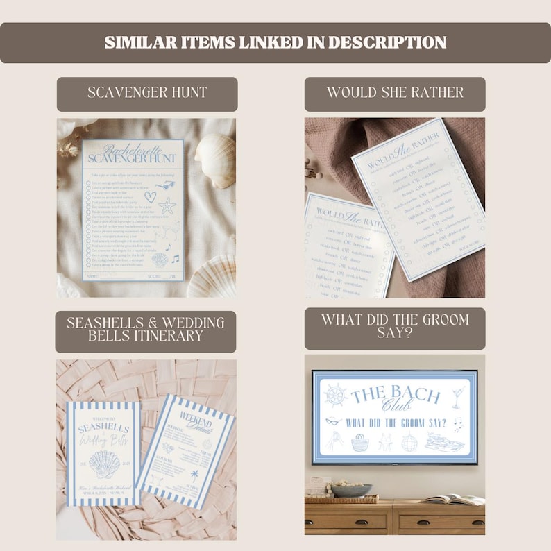 Collage of similar bachelorette party printables available as digital downloads. Featured items include a bachelorette scavenger hunt game with seashell illustrations, a Would She Rather bridal shower and bachelorette party game, a Seashells & Wedding Bells itinerary template for a coastal bachelorette theme, and a What Did the Groom Say bachelorette game in a Bach Club theme. Each design is editable, printable, and perfect for bridesmaids planning fun and organized celebrations.