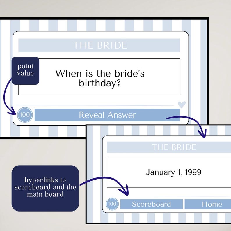 Customizable Bach Club Bachelorette Jeopardy trivia game shown on a TV screen. Perfect for bachelorette parties, girls trips, and fun game nights, this editable template lets bridesmaids create personalized trivia questions. The digital download can be customized in Canva and played easily on a TV for group entertainment.