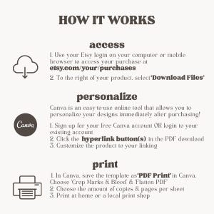 How It Works
Step 1: Purchase your template and access it via the email link or your Etsy “Purchases” page. Download the included PDF, which has a direct button to open your editable template in Canva.com.
Step 2: Sign in or create a free Canva account, then personalize the template by editing the text, colors, and fonts to fit your style.
Step 3: Print your finished design at home, with an online print service, or at a local print shop—your customized template is ready to use!