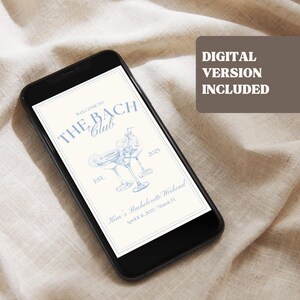 This digital bachelorette party itinerary template is designed to be shared instantly with the bridal party on phones or tablets. Featuring a chic Bach Club theme, the editable travel itinerary can be downloaded, customized, and sent digitally, making it easy for bridesmaids and guests to access bachelorette trip details anytime.