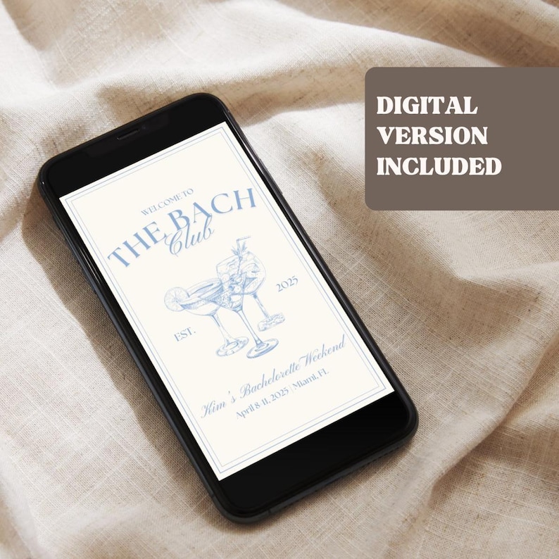 This digital bachelorette party itinerary template is designed to be shared instantly with the bridal party on phones or tablets. Featuring a chic Bach Club theme, the editable travel itinerary can be downloaded, customized, and sent digitally, making it easy for bridesmaids and guests to access bachelorette trip details anytime.
