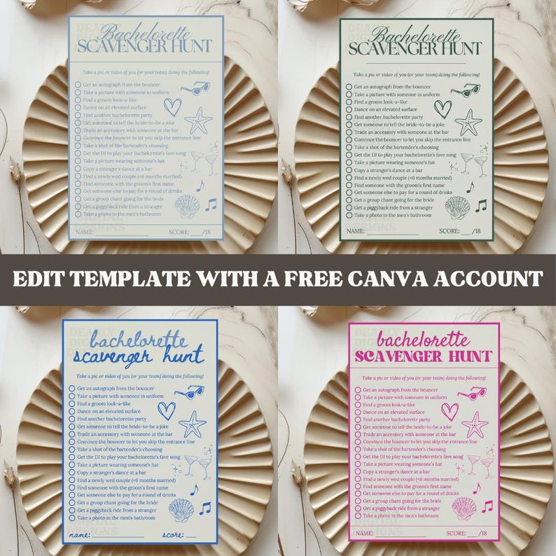 four variations of the bachelorette bar hopping game template. variations include different colors, fonts, etc