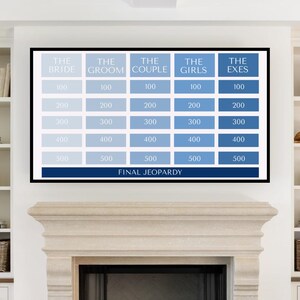 Bach Club Bachelorette Jeopardy game template displayed on a TV screen featuring fun categories like The Bride, The Groom, The Couple, The Girls, and The Exes. This digital trivia game is fully editable, allowing you to customize categories, questions, and design details for a personalized bachelorette party, girls trip, or game night activity.