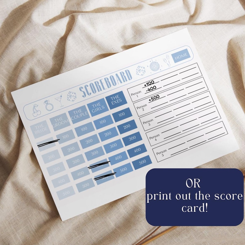 Customizable Bach Club Bachelorette Jeopardy game scoreboard displayed on a printed card. Simple to download and edit in Canva, this girls trip party game is ready for instant play. The trivia-style game adds excitement to a bachelorette weekend, bridal party gathering, or fun night in with friends celebrating the bride.
