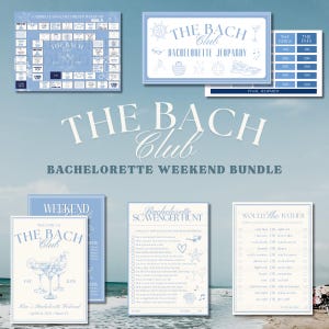 May include: A collection of light blue and white bachelorette party games and activities. The bundle includes a board game, Jeopardy, a scavenger hunt, and a "Would She Rather" game. The text "The Bach Club" is featured prominently.
