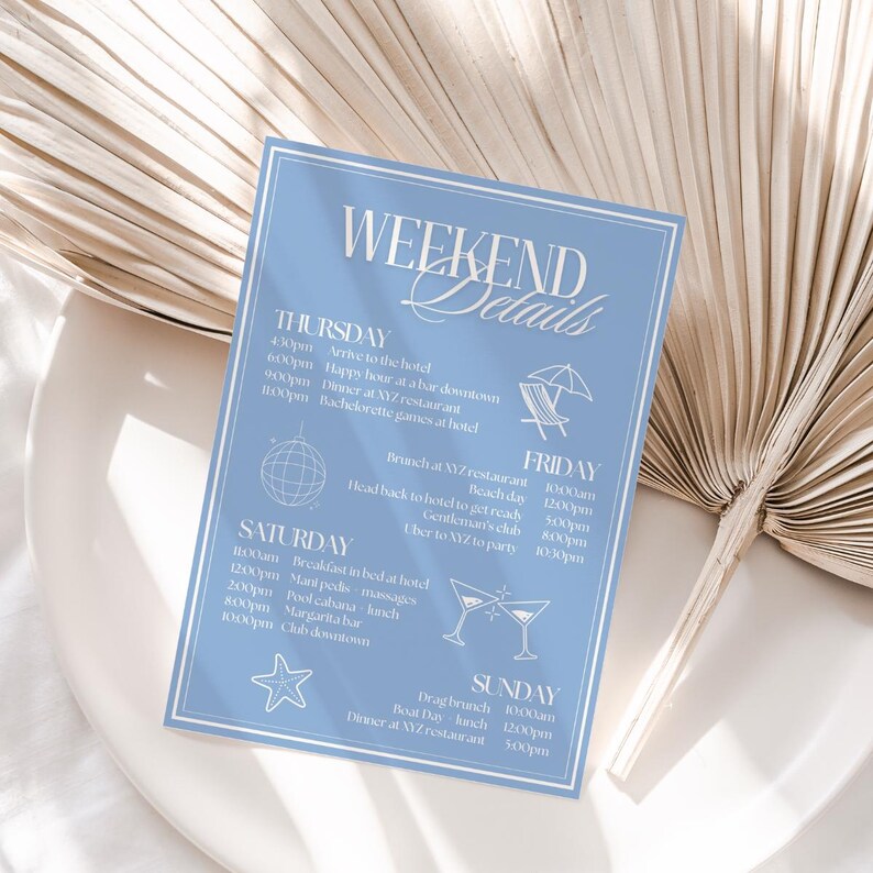 Plan your girls trip with this bachelorette party itinerary template designed for travel itineraries. The printable download makes it easy to keep track of schedules, activities, and destinations. Featuring a chic Bach Club theme, this DIY bachelorette trip itinerary ensures every guest knows the details of the special weekend.