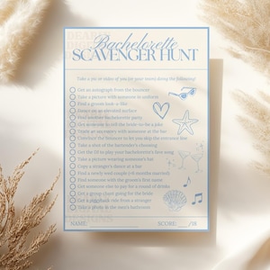 bachelorette party game template in light blue describes a scavenger hunt bar crawl game