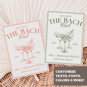 This DIY bachelorette party itinerary template is fully customizable, allowing you to change the color scheme, fonts, and text to match your theme. Featuring a stylish Bach Club Bachelorette design, the editable printable makes planning a girls trip easy. Available as a digital download, this itinerary helps keep every bachelorette trip detail organized and personalized.
