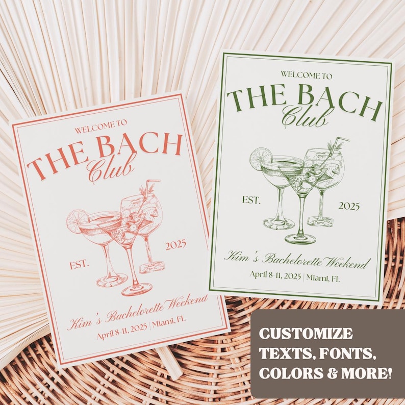 This DIY bachelorette party itinerary template is fully customizable, allowing you to change the color scheme, fonts, and text to match your theme. Featuring a stylish Bach Club Bachelorette design, the editable printable makes planning a girls trip easy. Available as a digital download, this itinerary helps keep every bachelorette trip detail organized and personalized.