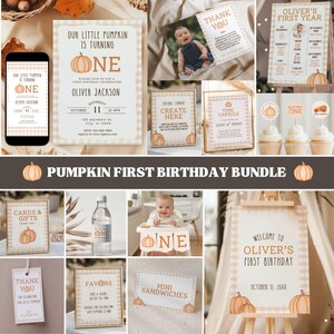 Può includere: Una collezione di decorazioni per la festa del primo compleanno a tema autunnale. Il pacchetto include inviti, cartelli, decorazioni per cupcake e biglietti di ringraziamento. I disegni presentano zucche e un motivo a quadretti vichy nei toni dell'arancione e del beige. Il testo include il nome "Oliver Jackson".