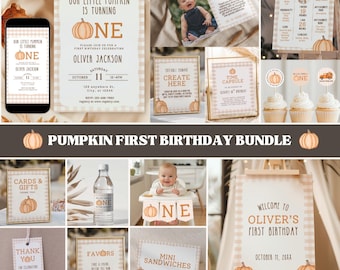 Our Little Pumpkin is Turning One First Birthday Bundle Fall Birthday Theme 1st Birthday Editable Template Autumn Party Invitation Printable