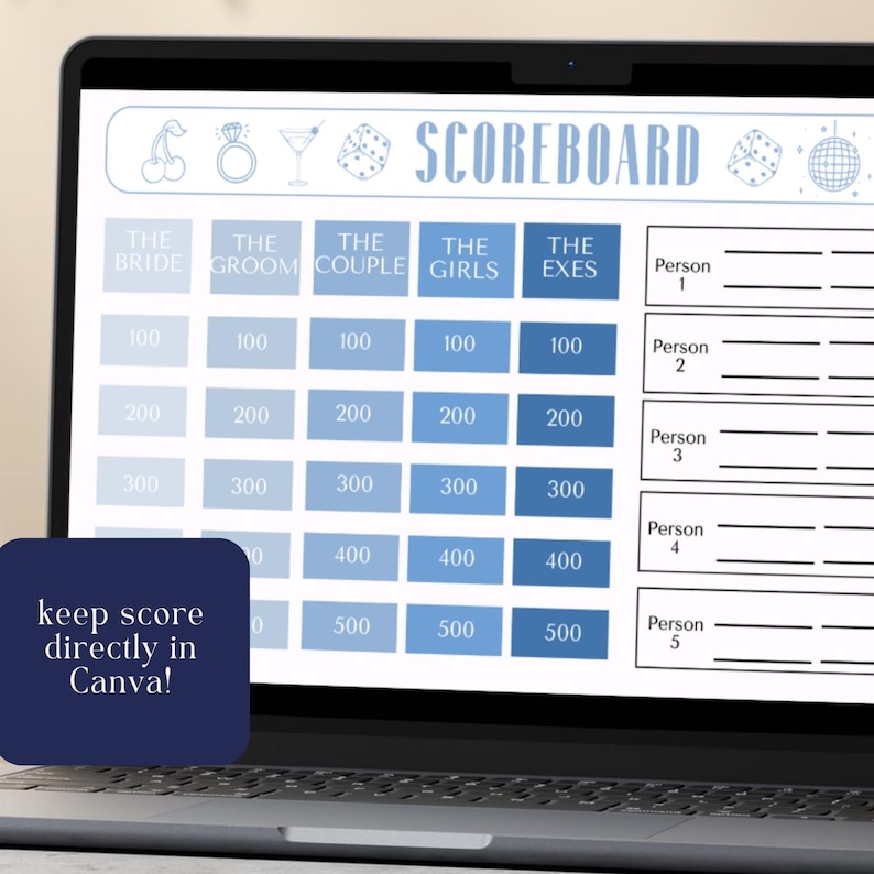 Customizable Bach Club Bachelorette Jeopardy game scoreboard displayed on a computer screen. Simple to download and edit in Canva, this girls trip party game is ready for instant play. The trivia-style game adds excitement to a bachelorette weekend, bridal party gathering, or fun night in with friends celebrating the bride.