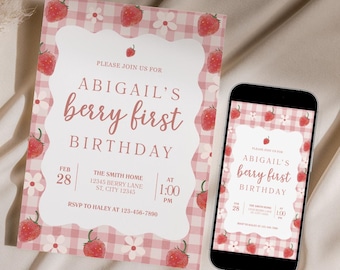Berry First Birthday Party Invitation Template 1st Bday Banner Strawberry Theme