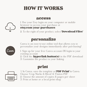 How It Works
Step 1: Purchase your template and access it via the email link or your Etsy “Purchases” page. Download the included PDF, which has a direct button to open your editable template in Canva.com.
Step 2: Sign in or create a free Canva account, then personalize the template by editing the text, colors, and fonts to fit your style.
Step 3: Print your finished design at home, with an online print service, or at a local print shop—your customized template is ready to use!