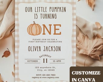 Our Little Pumpkin is Turning One Invitation First Birthday Invite Template Editable Fall 1st Birthday Invitation One Pumpkin First Bday