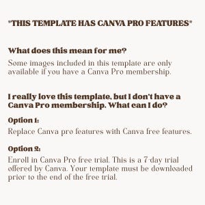 Informational graphic explaining Canva Pro features for a template. The image states that some elements require a Canva Pro membership. It offers two options for users without Pro: replace Pro features with free ones, or use Canva’s 7-day free trial and download the design before the trial ends.