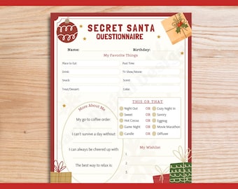 Christmas Secret Santa Questionnaire Template White Elephant Printable Christmas Gift Exchange Survey Editable