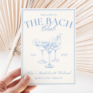 Perfect for a girls trip getaway, this bachelorette party itinerary template is designed in a Bach Club theme. The printable and editable travel itinerary is available as a digital download, making it easy to share details with the bridal party. Keep your bachelorette trip organized and stylish with this DIY template.
