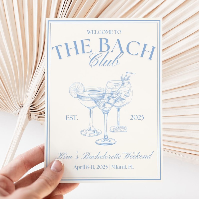 Perfect for a girls trip getaway, this bachelorette party itinerary template is designed in a Bach Club theme. The printable and editable travel itinerary is available as a digital download, making it easy to share details with the bridal party. Keep your bachelorette trip organized and stylish with this DIY template.
