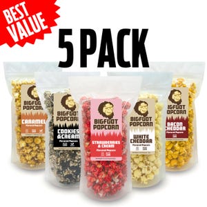 Gourmetpopcorn 5-pack sött och salt mellanmål premiumpresent till henne eller honom krispigt ostigt kryddat popcorn