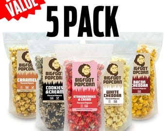 Gourmet Popcorn 5 Pack Sweet and Savory Snack Premium Gift for Her or Him Crunchy Cheesy Seasoned Popcorn