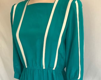 1980s Silk A-Line Dress: Turquoise Color Block, Square Neck, Pockets