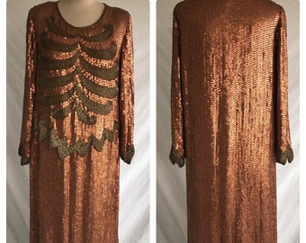 1970s Does 1920s Heavily Beaded and Sequined Art Deco Flapper Style Party Dress