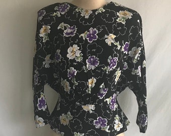 1980s Does 1940s Floral Rayon Peplum Blouse - Dolman Sleeve Blouse - Crew Neck Blouse - Spring Blouse - Pin Up Blouse - Black and Purple