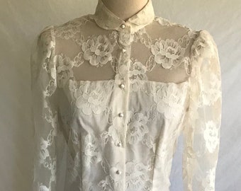 1970s Lace Puff Sleeve Victorian Blouse - Cold Shoulder Blouse - Lace Collared Blouse - Floral Lace Blouse- Button Up Front - Long Sleeve