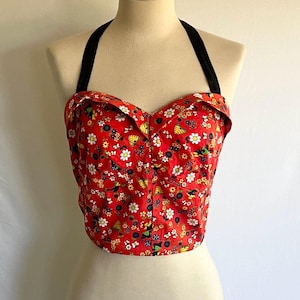 1950s REPRO Novelty Print Mid Mod Halter Top - Rockabilly Top - Size M - Red Cotton Top - Pin Up Top - Daisy Print -Bear Print -Bustier Top