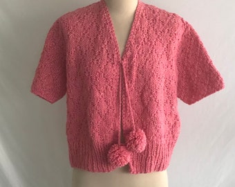 1940s REPRO Pink Wool Cropped Cardigan- Pom Pom Cardigan- Pin Up Cardigan- Rockabilly Cardigan- Short Sleeve Sweater- Hand Knit Cardigan
